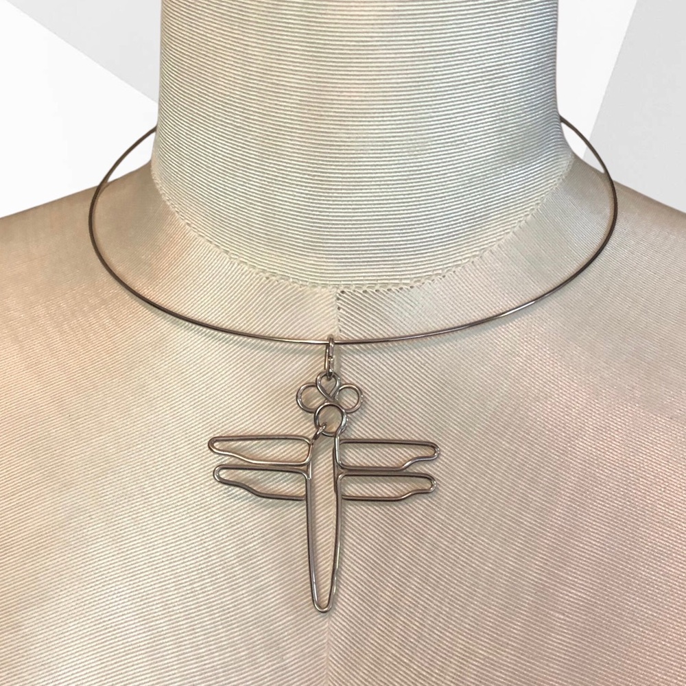 Minimalist Silver Metal Dragonfly Necklace Choker Handmade
